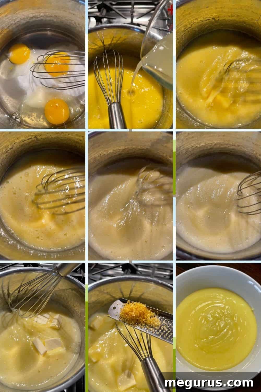 Photo collage showing the step-by-step process of making homemade whole egg lemon curd.