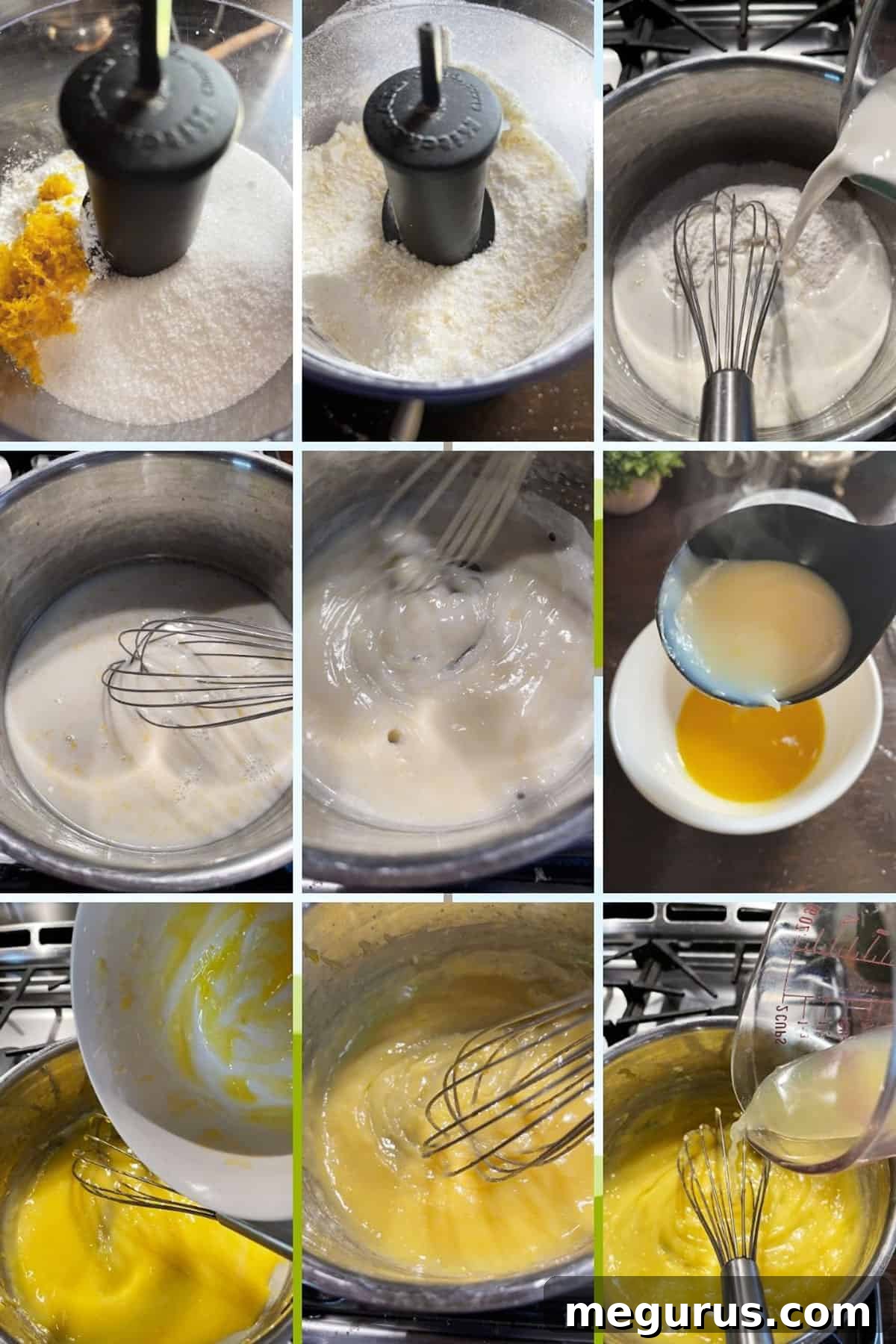 Photo collage showing initial steps to make lemon meringue pudding: preparing lemon zest, mixing dry ingredients, and cooking the pudding base.