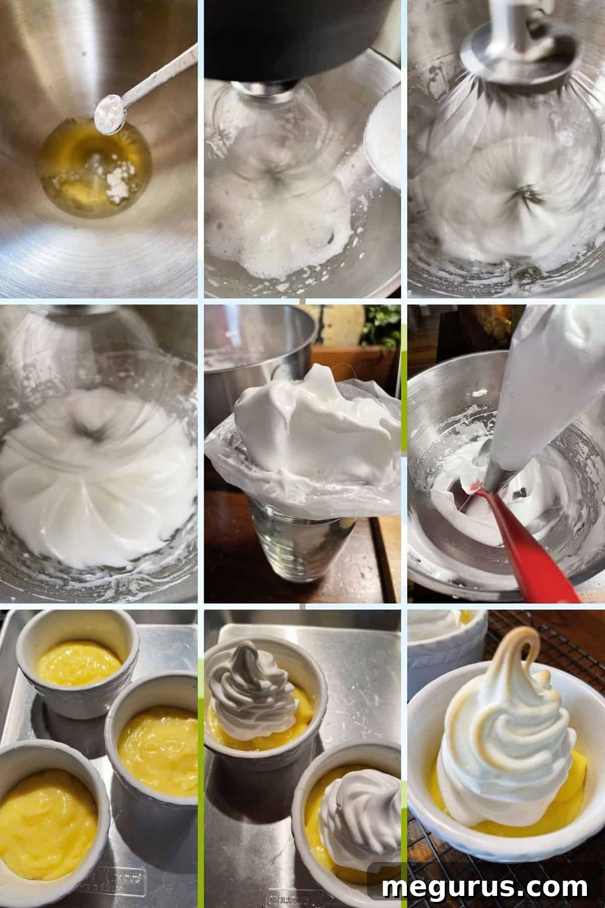 Photo collage showing how to prepare meringue for lemon meringue pudding: whipping egg whites, piping meringue onto pudding, and the finished dessert.