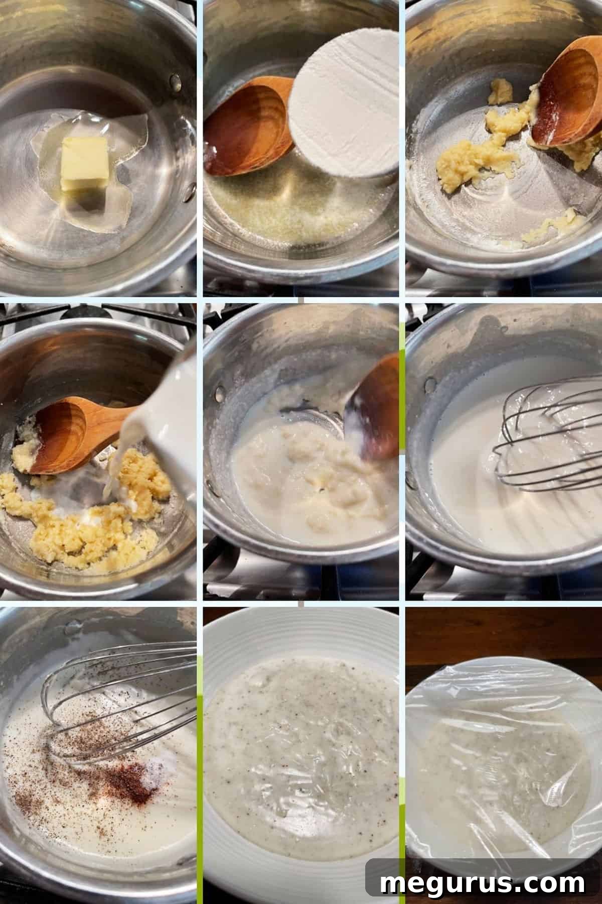 Visual guide to making creamy Béchamel sauce, step-by-step