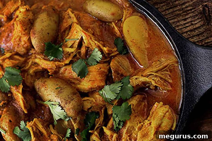 Indian chicken stew with potatoes served in a skillet, ready to eat.