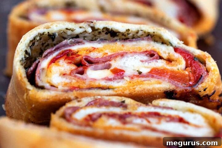 stromboli sliced on cutting board