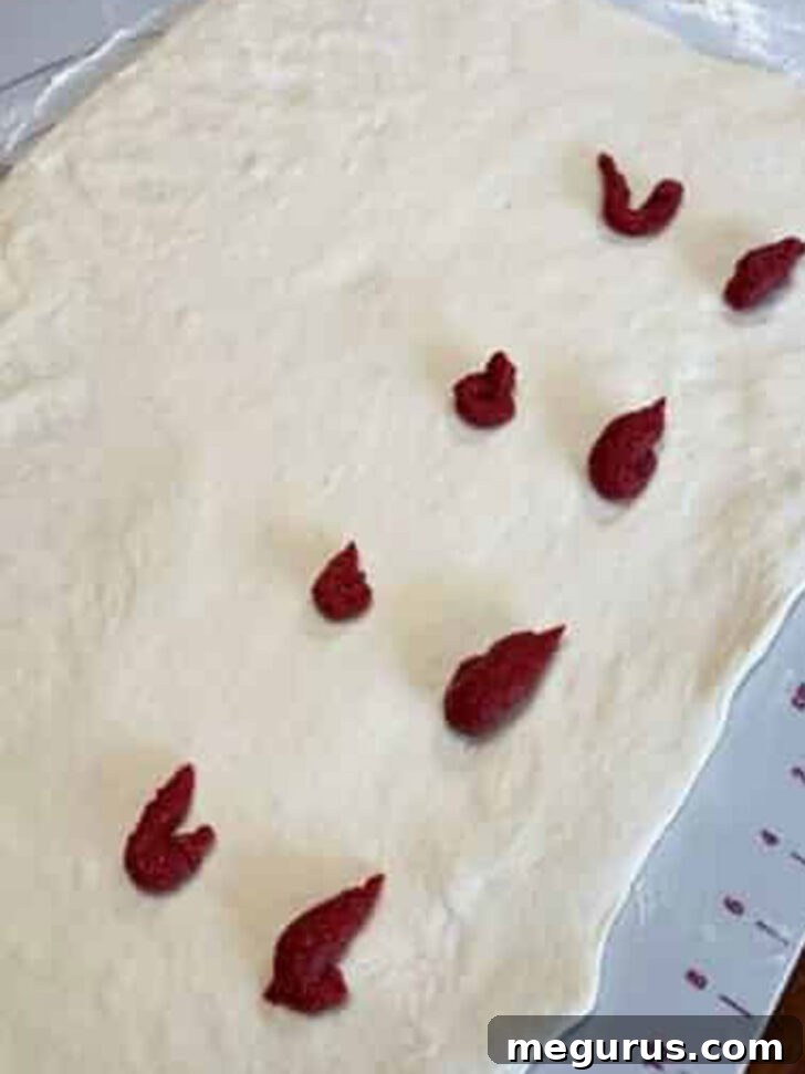 Applying tomato paste to the rolled-out stromboli dough, preparing the base for fillings.