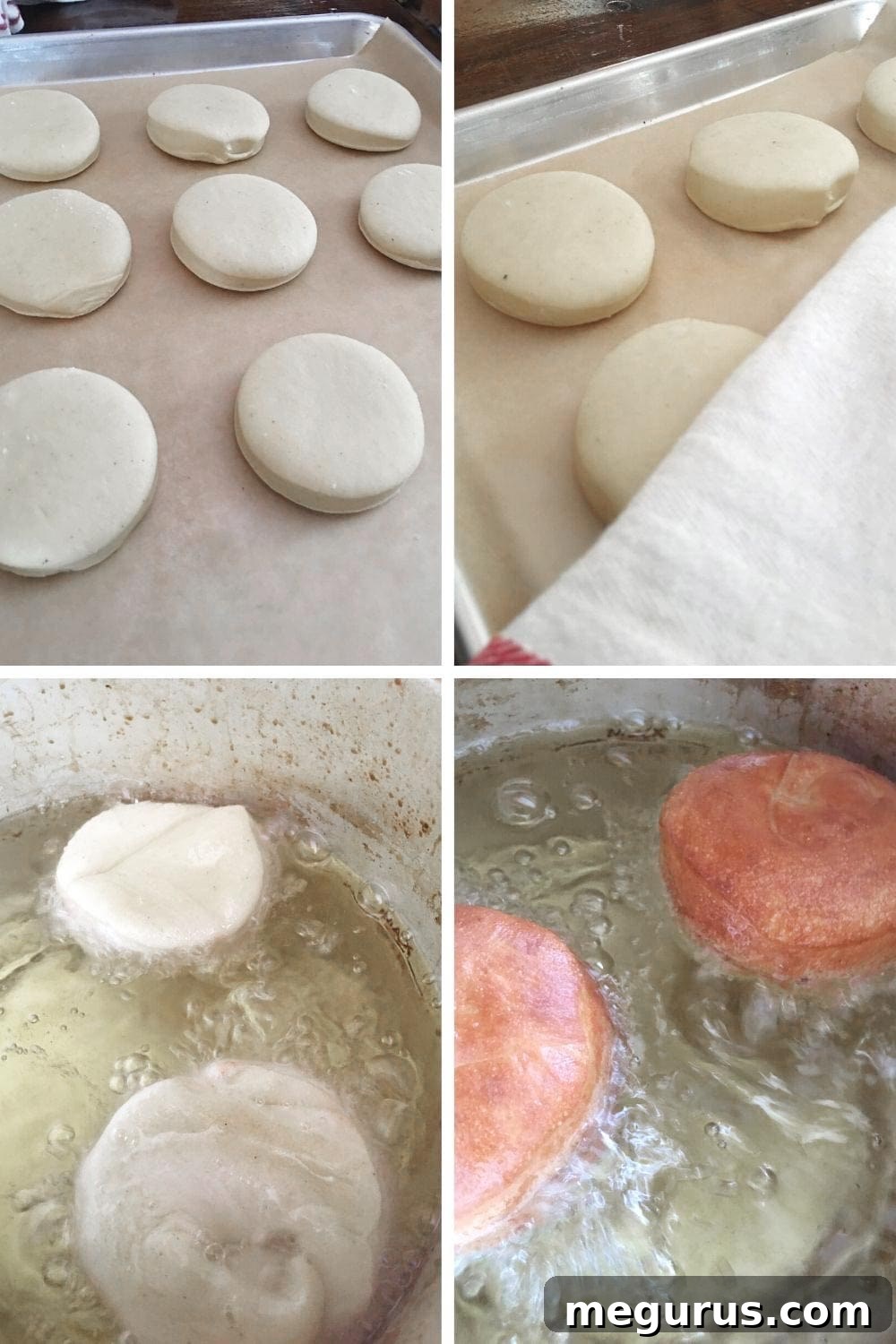 Paczki dough being cut into circles, proofing on a baking sheet, and frying in hot oil.