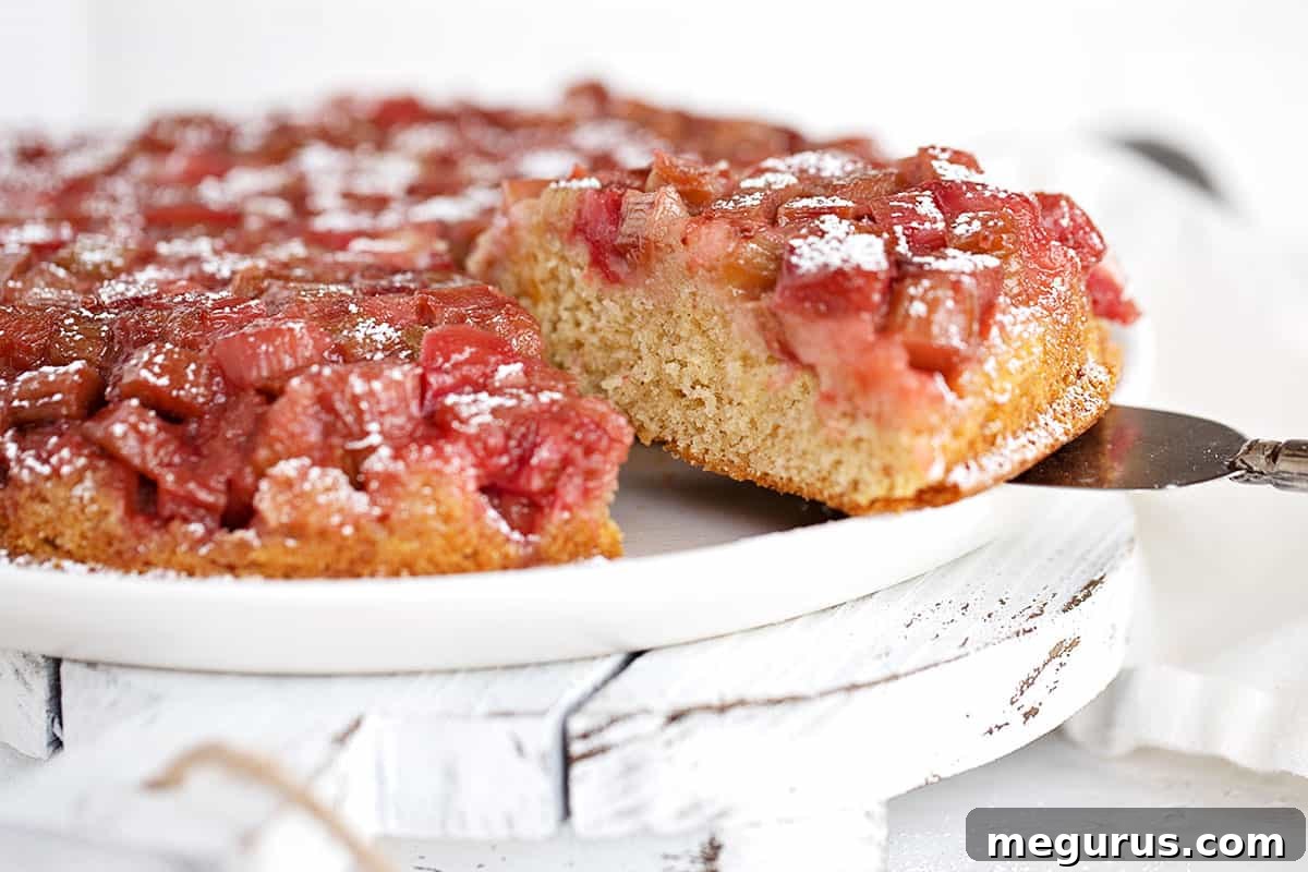 upside down rhubarb cake sliced