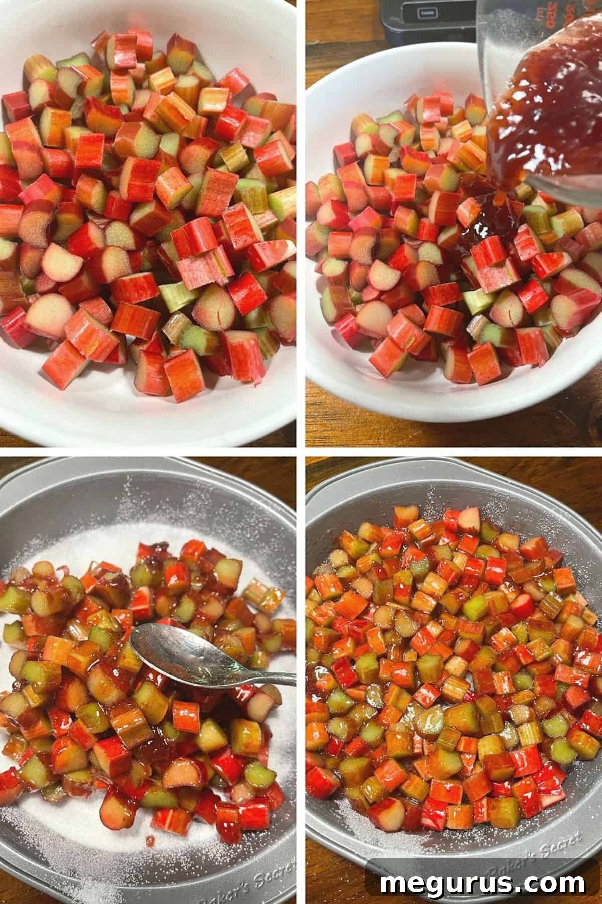 photo collage of steps to make upside down rhubarb cake 2
