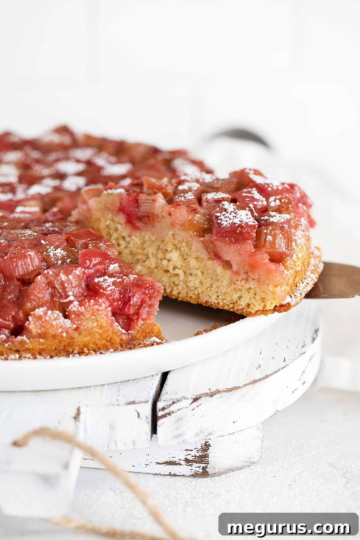 upside down rhubarb cake sliced