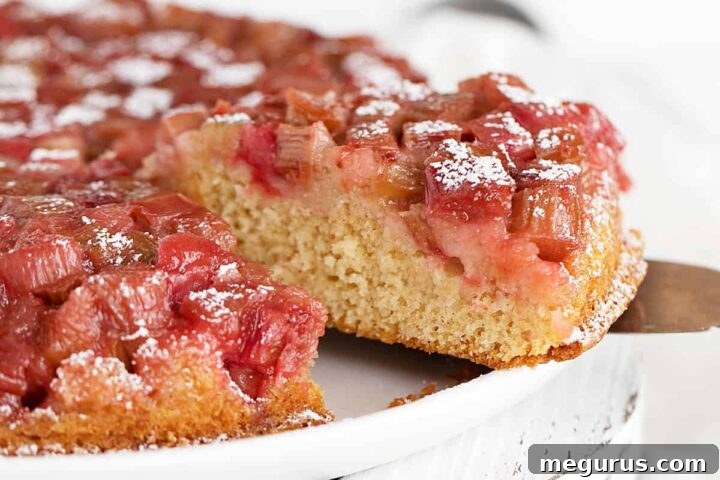 upside down rhubarb cake sliced