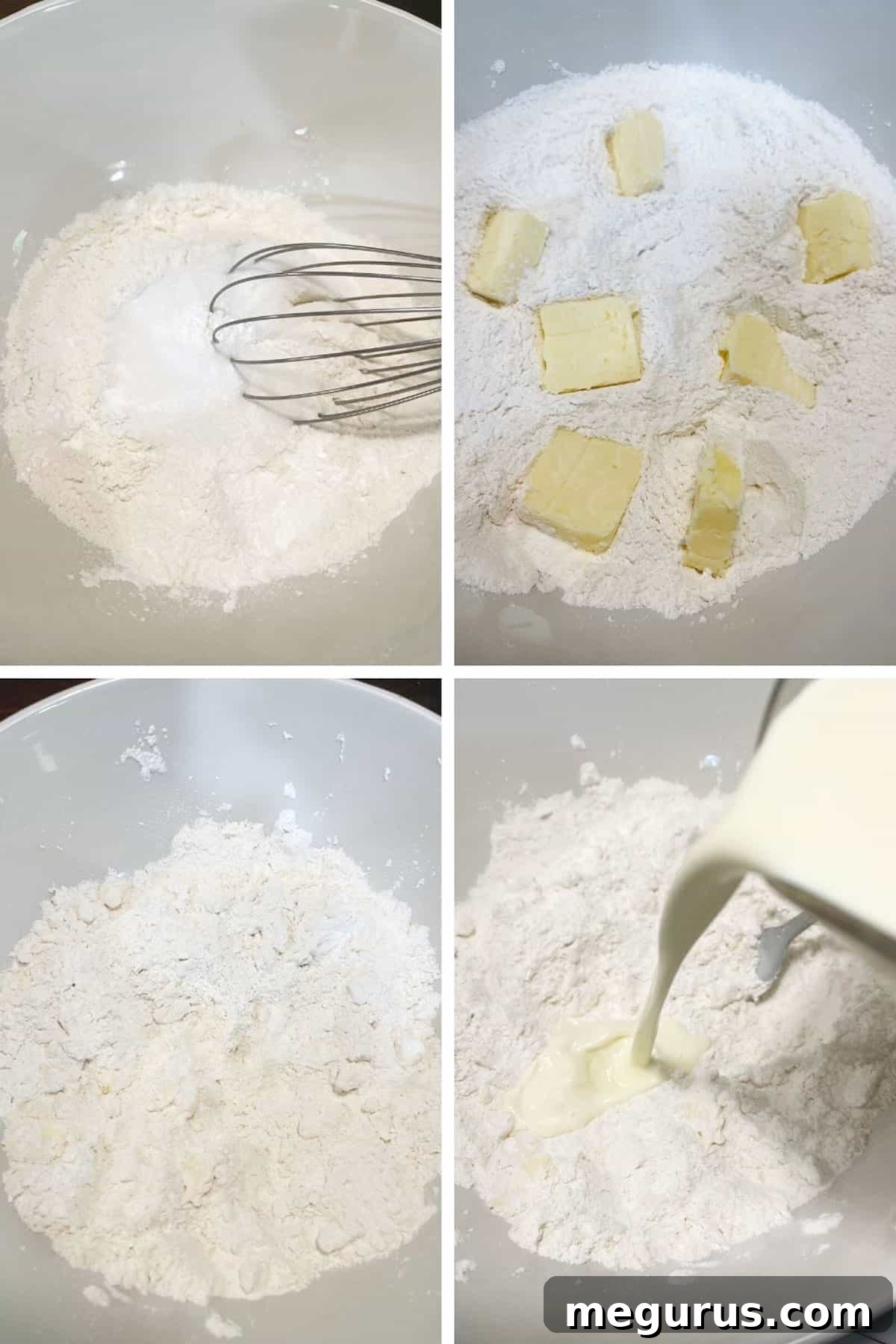 A two-part photo collage showing the initial steps of making rhubarb scone dough: first, mixing dry ingredients with cold butter to pea-sized crumbs, and second, adding liquid to form a moist dough.