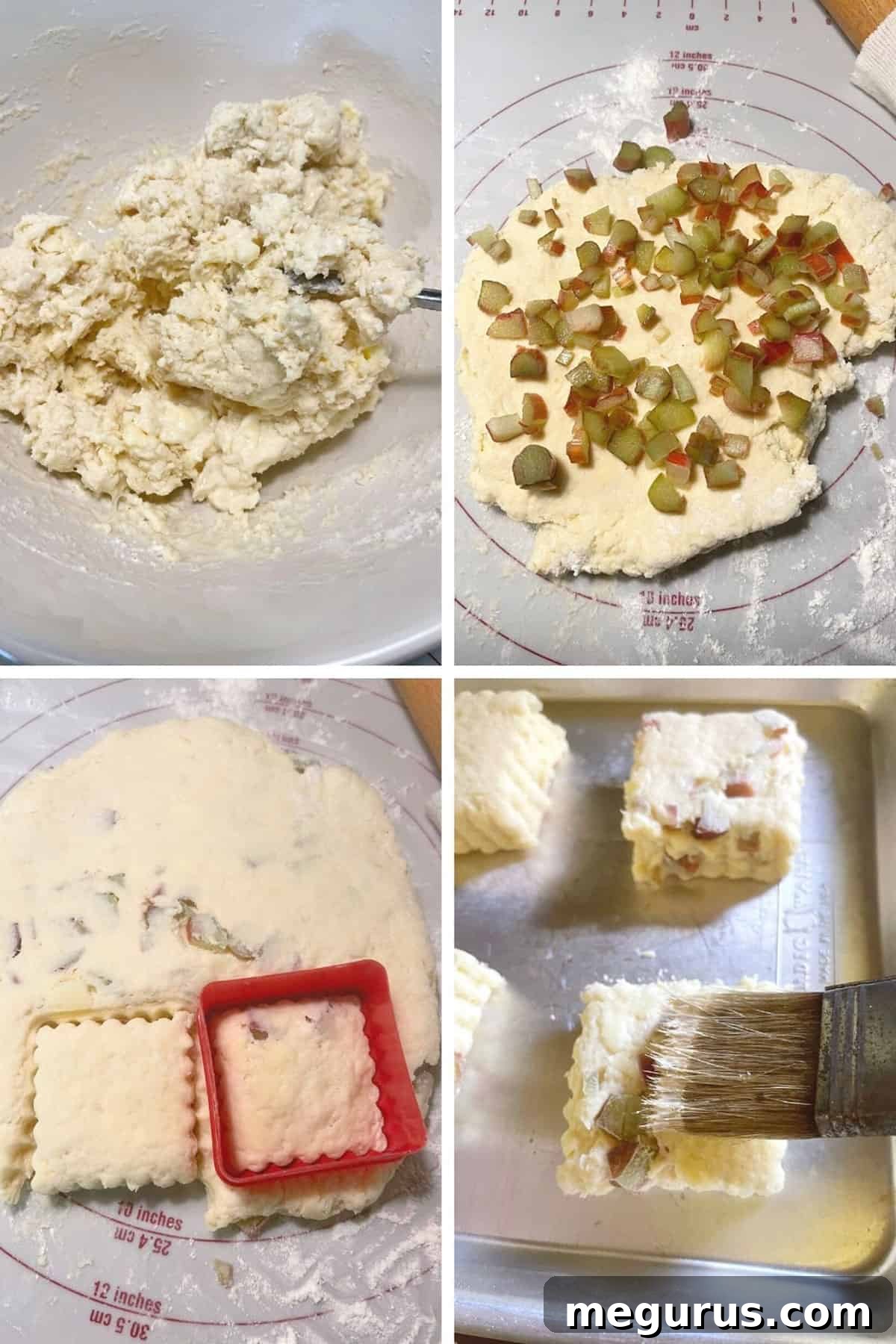 A two-part photo collage illustrating the final steps of preparing rhubarb scones: first, scattering diced rhubarb over the dough and folding it, and second, brushing the cut scones with cream and sprinkling with sugar before baking.