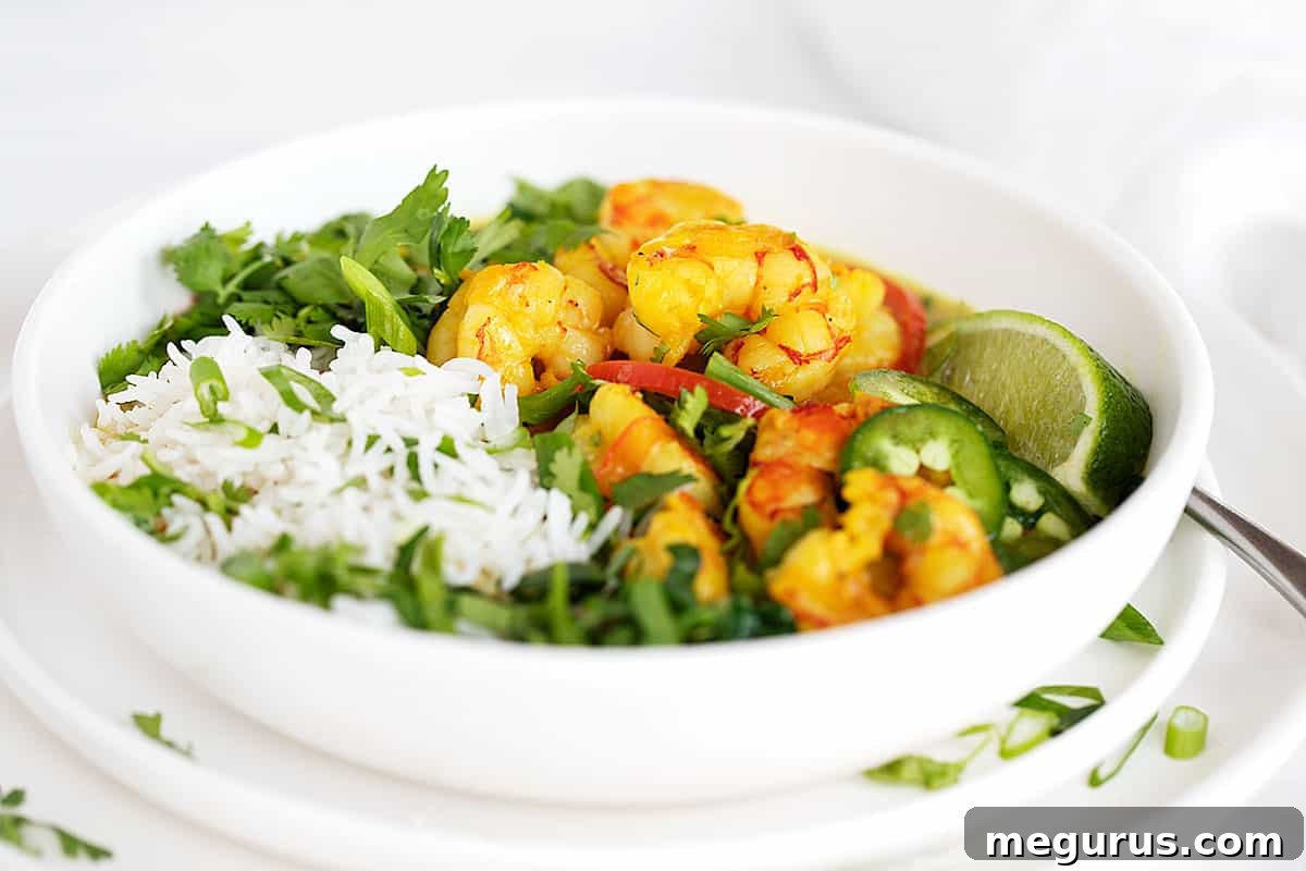 A beautifully arranged white bowl featuring ginger garlic turmeric coconut shrimp served with fluffy white rice, garnished with fresh cilantro and lime wedges.