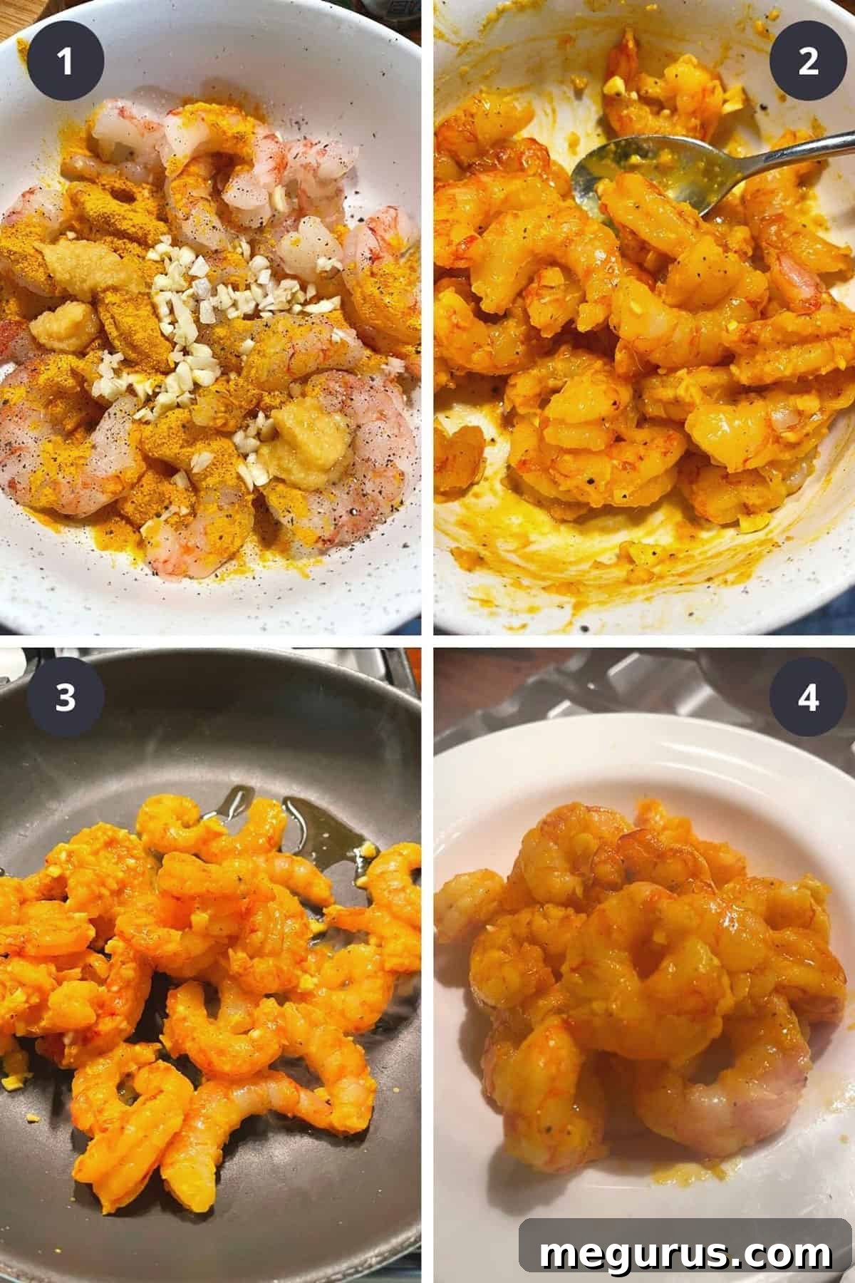Photo collage showing the first four steps: combining shrimp with marinade, stirring, cooking shrimp in a skillet, and removing shrimp to a bowl.