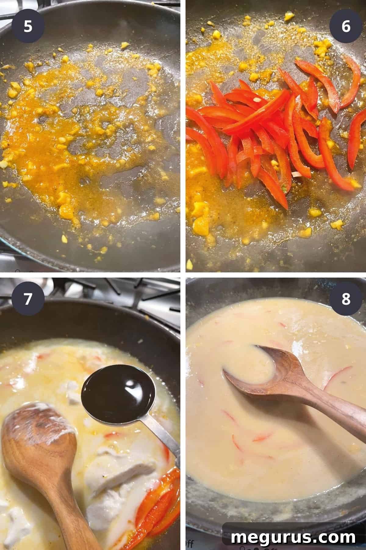 Photo collage showing steps five through eight: cooking red pepper strips, adding coconut milk and soy sauce, stirring, and simmering the sauce.
