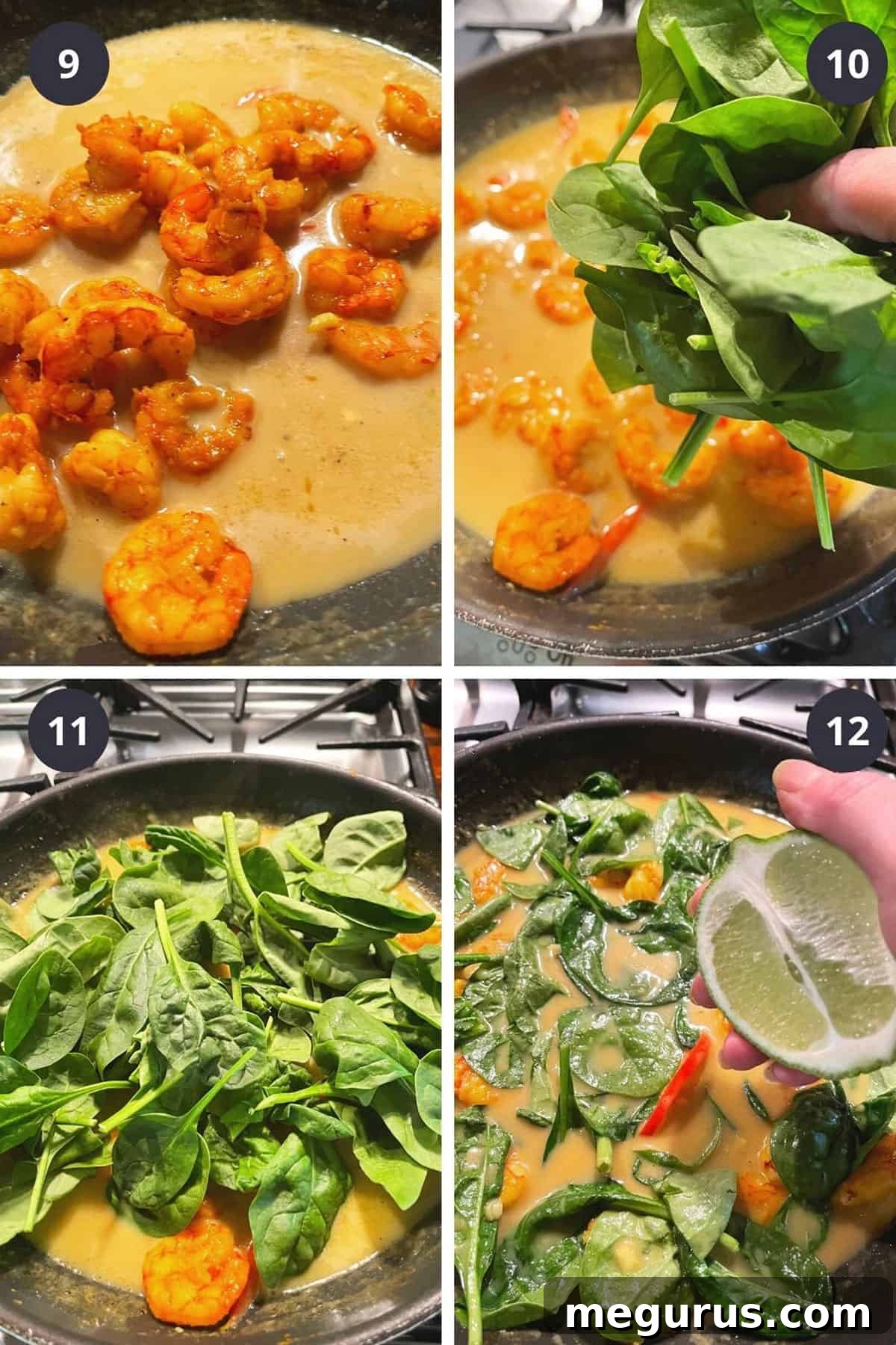 Photo collage showing steps nine through twelve: returning shrimp to the skillet, adding baby spinach, cooking until wilted, and finishing with lime.