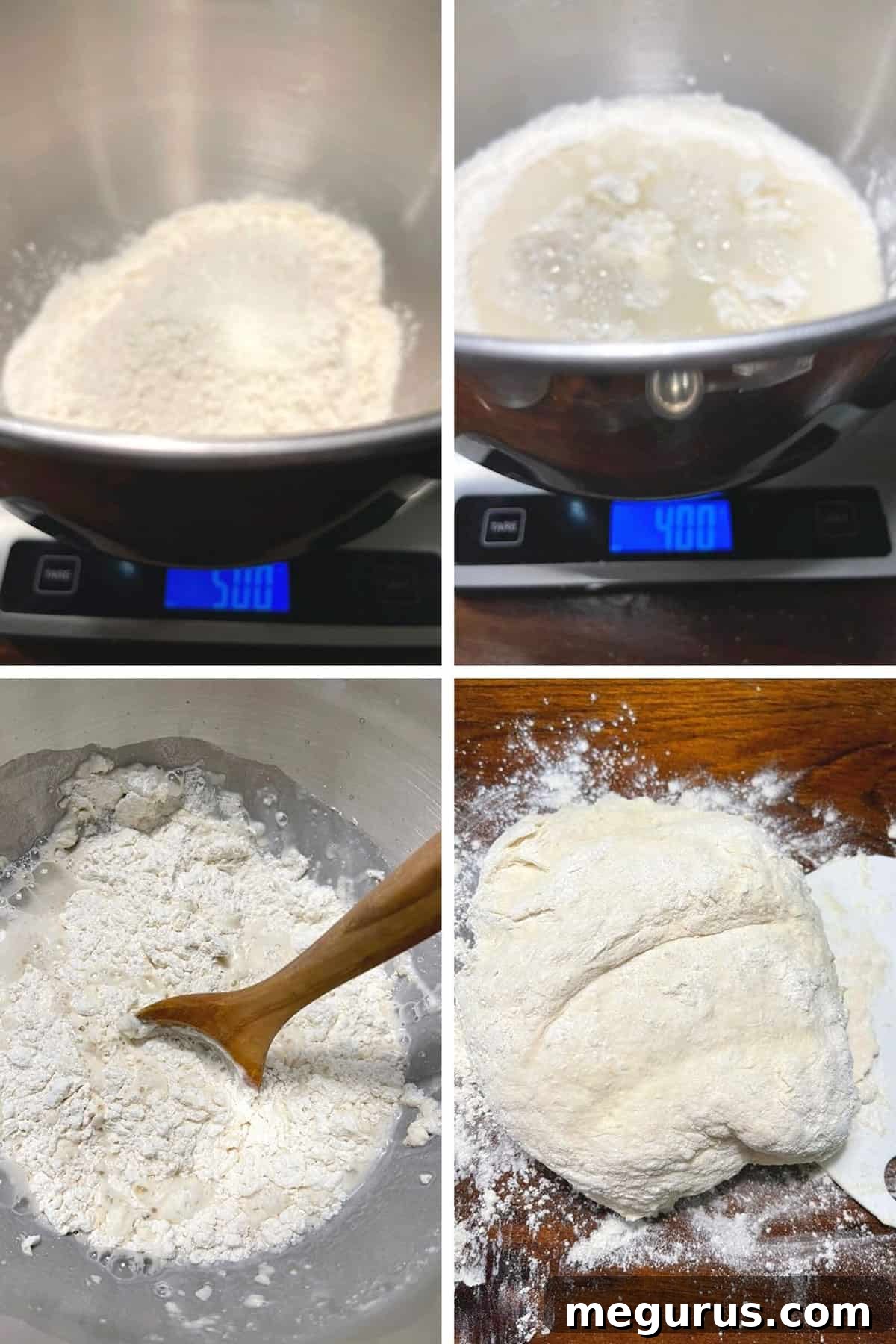 Photo collage showing initial steps of mixing focaccia dough in a bowl