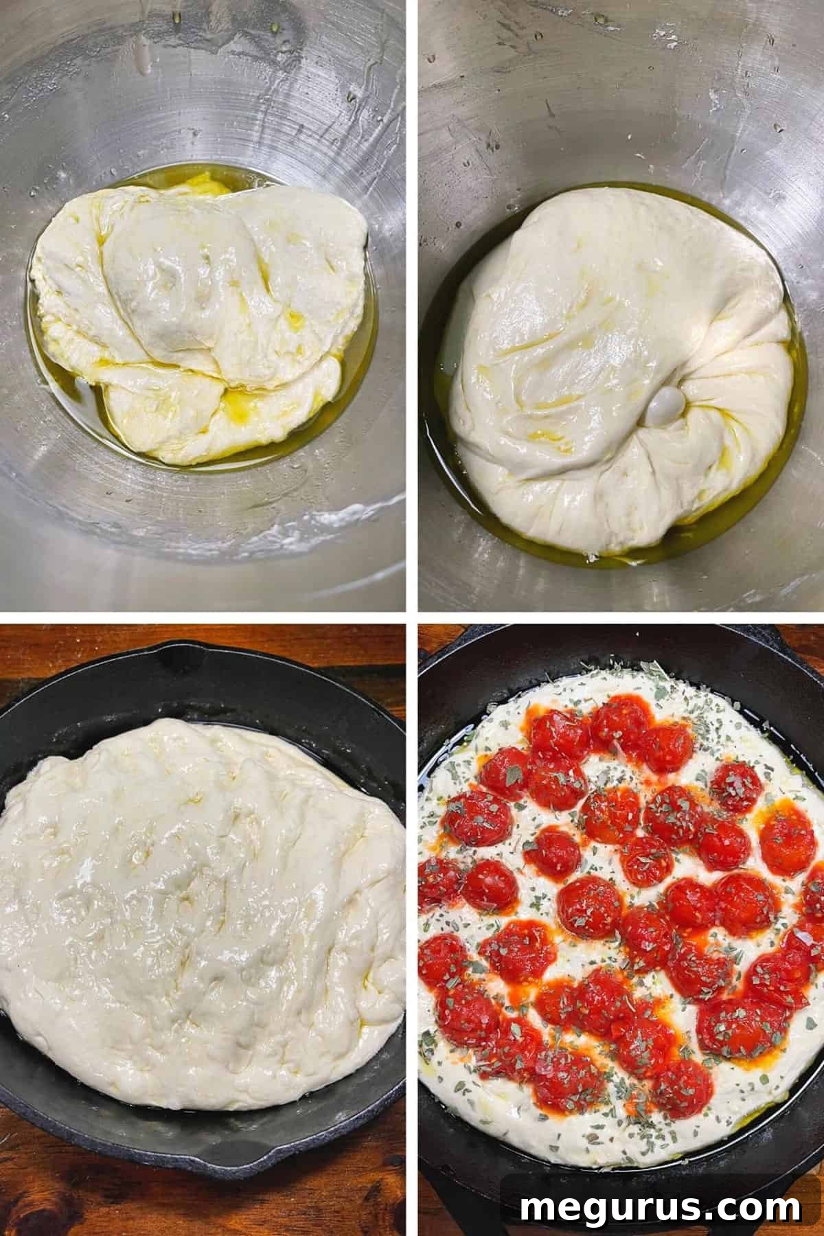Photo collage showing focaccia dough rising, stretching, and folding in olive oil