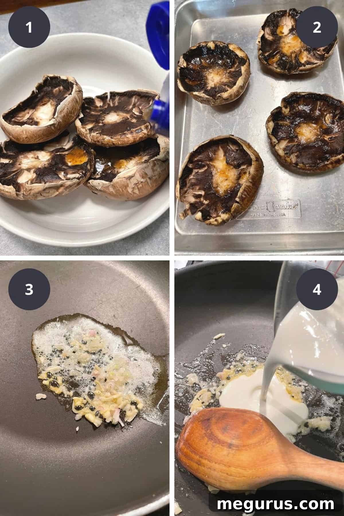 photo collage of steps to make stuffed portobello mushrooms 1