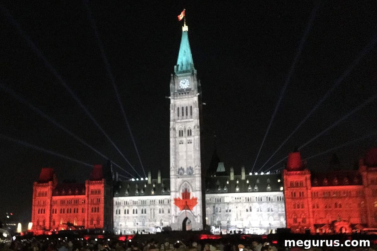 Canadian parliament building lit up in red and white
