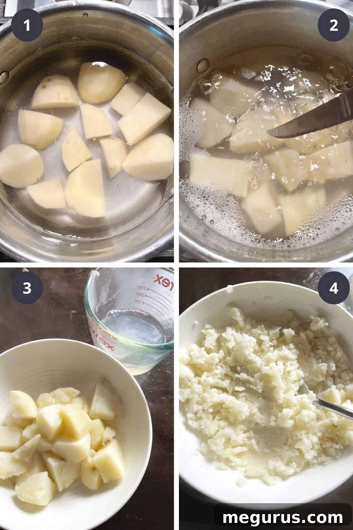 Photo collage showing the first steps of preparing potatoes for soft burger buns, including peeling, boiling, and mashing.