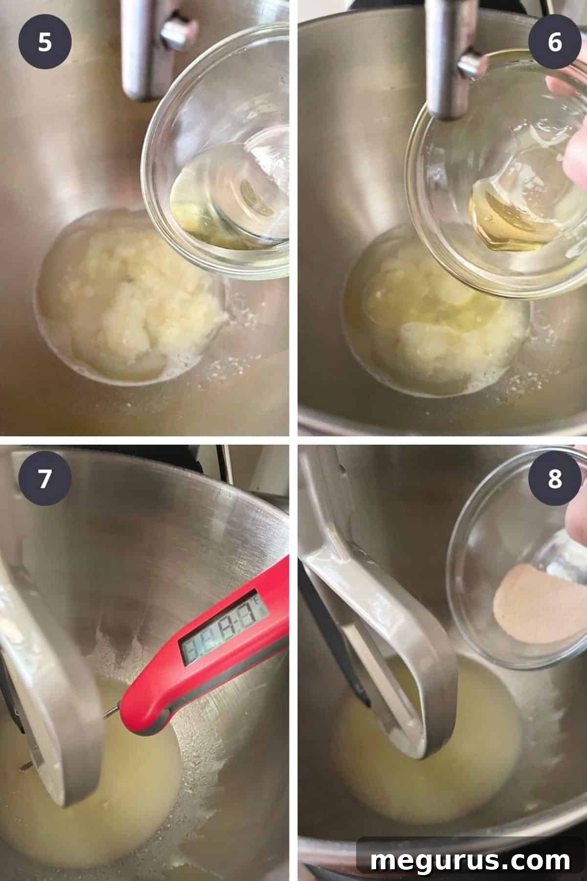Photo collage showing the steps of combining mashed potatoes, potato water, oil, honey, and yeast for the burger bun dough.