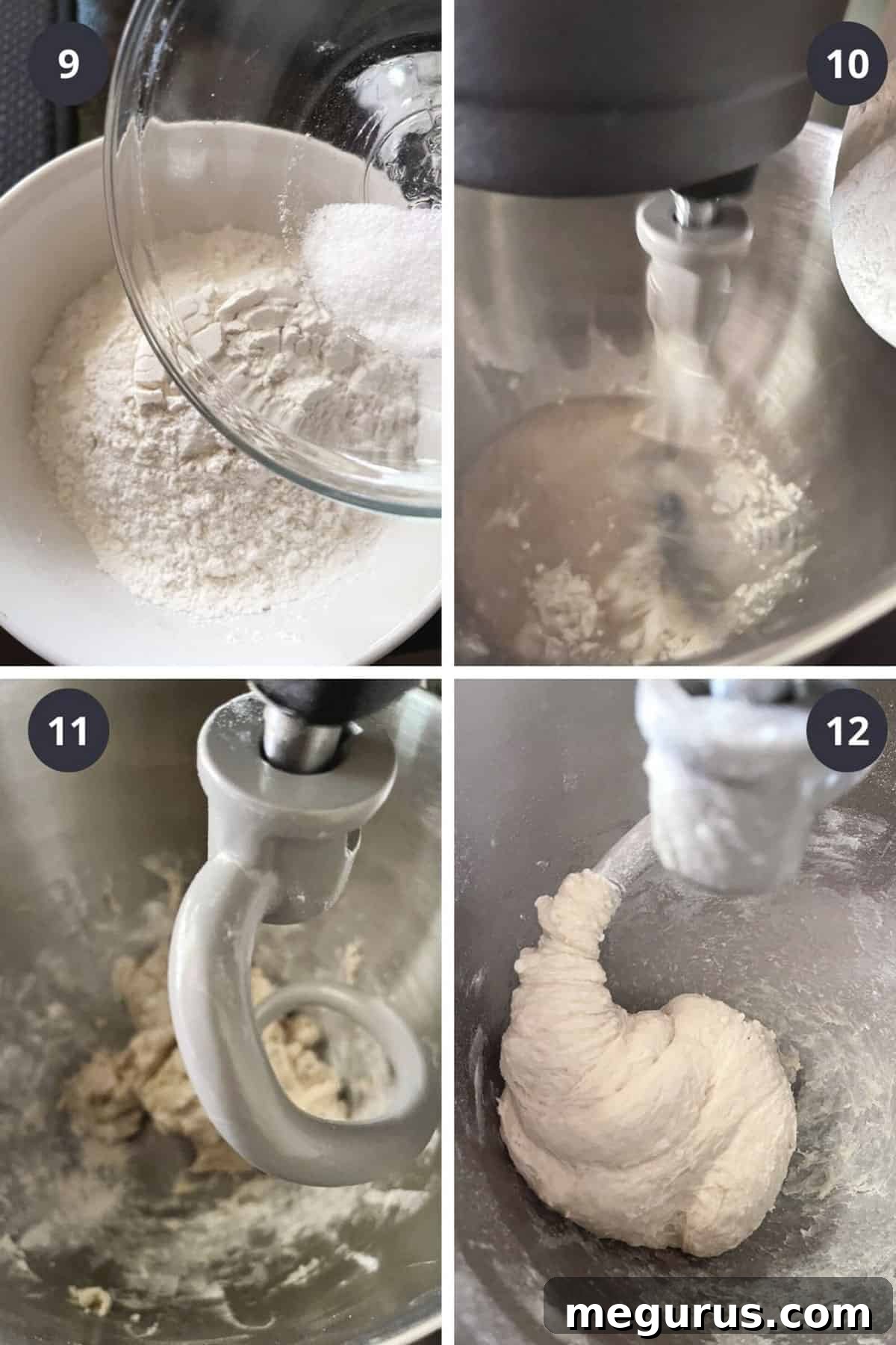 Photo collage demonstrating the process of adding flour and salt to the dough and kneading it until it's smooth.