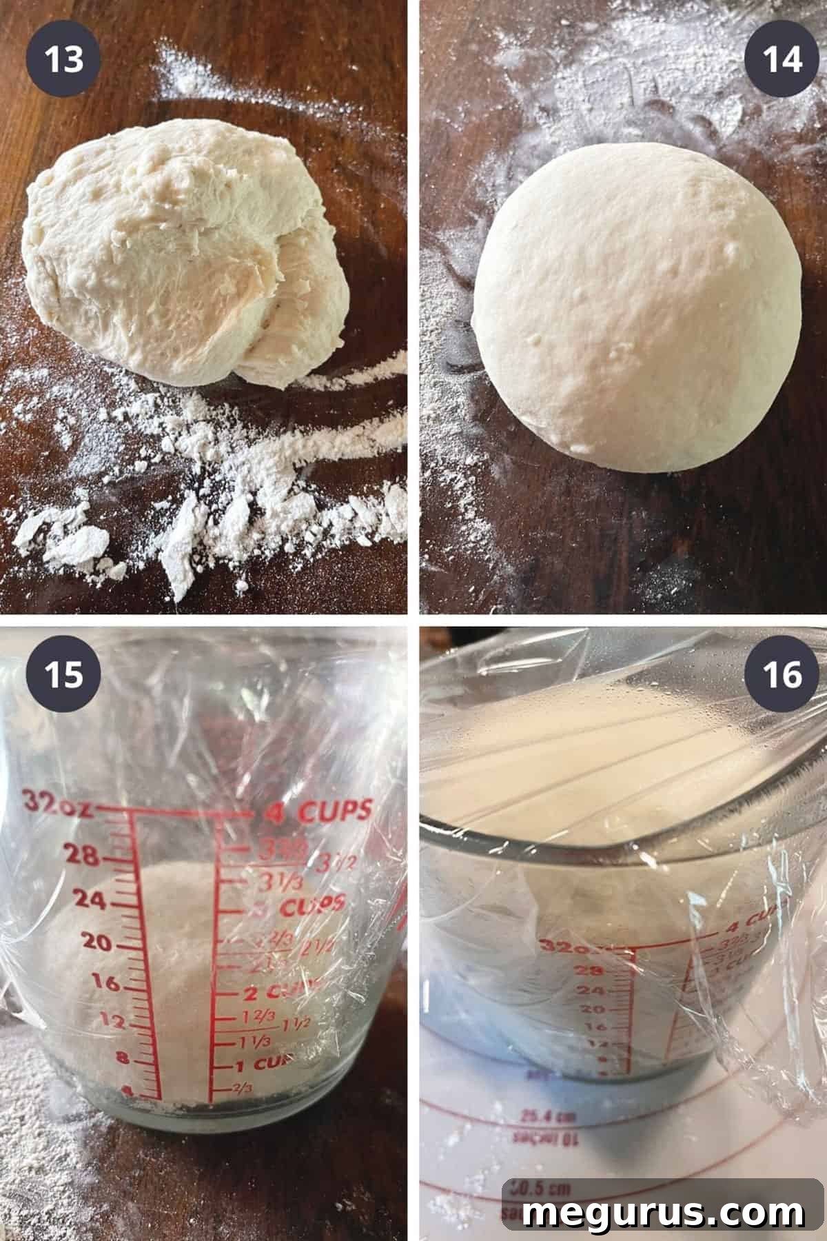 Photo collage showing dough being formed into a ball, placed in a greased container, covered, and allowed to rise.
