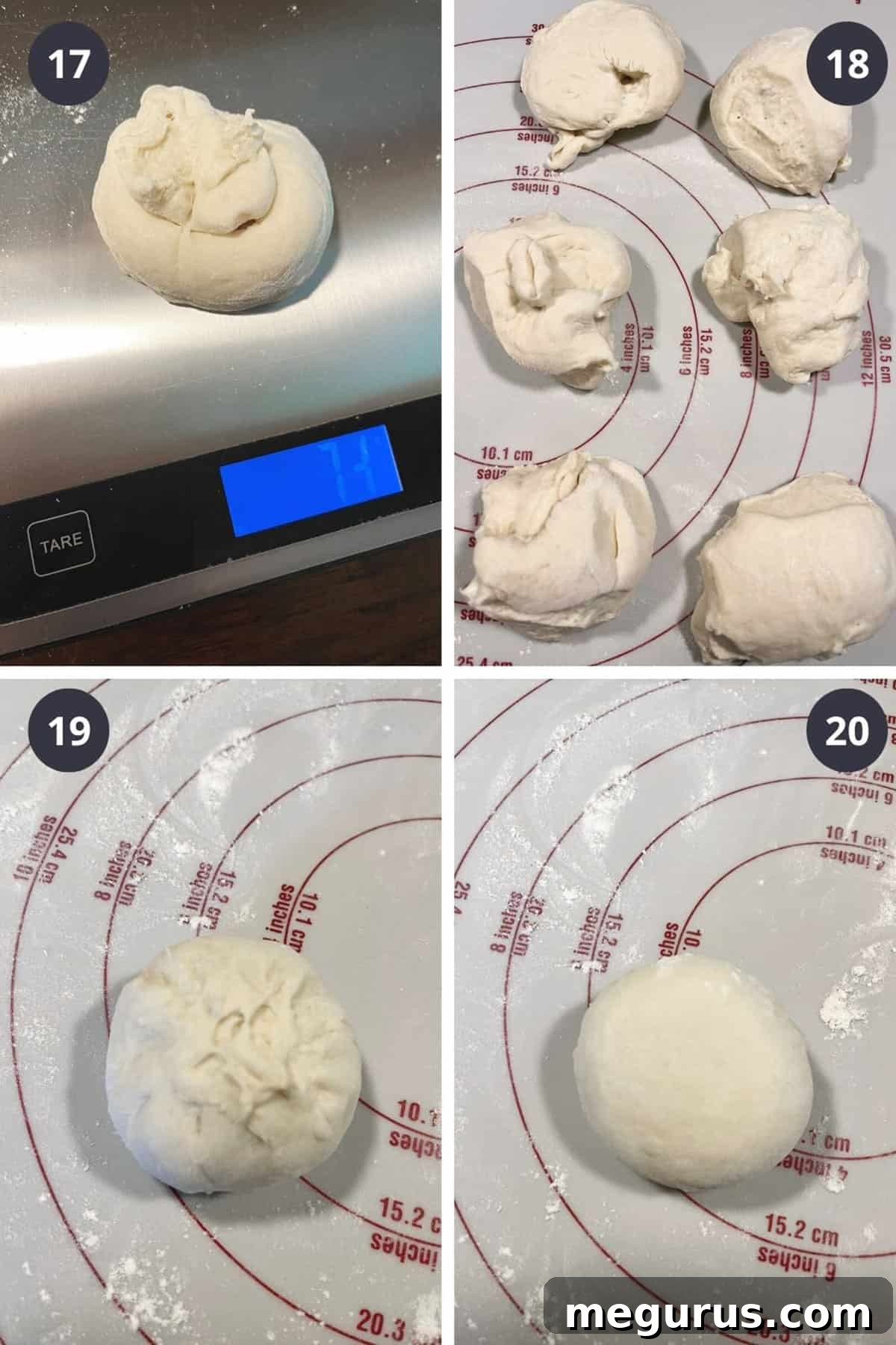 Photo collage showing the steps of deflating the dough, dividing it into equal pieces, and shaping them into individual burger bun balls.