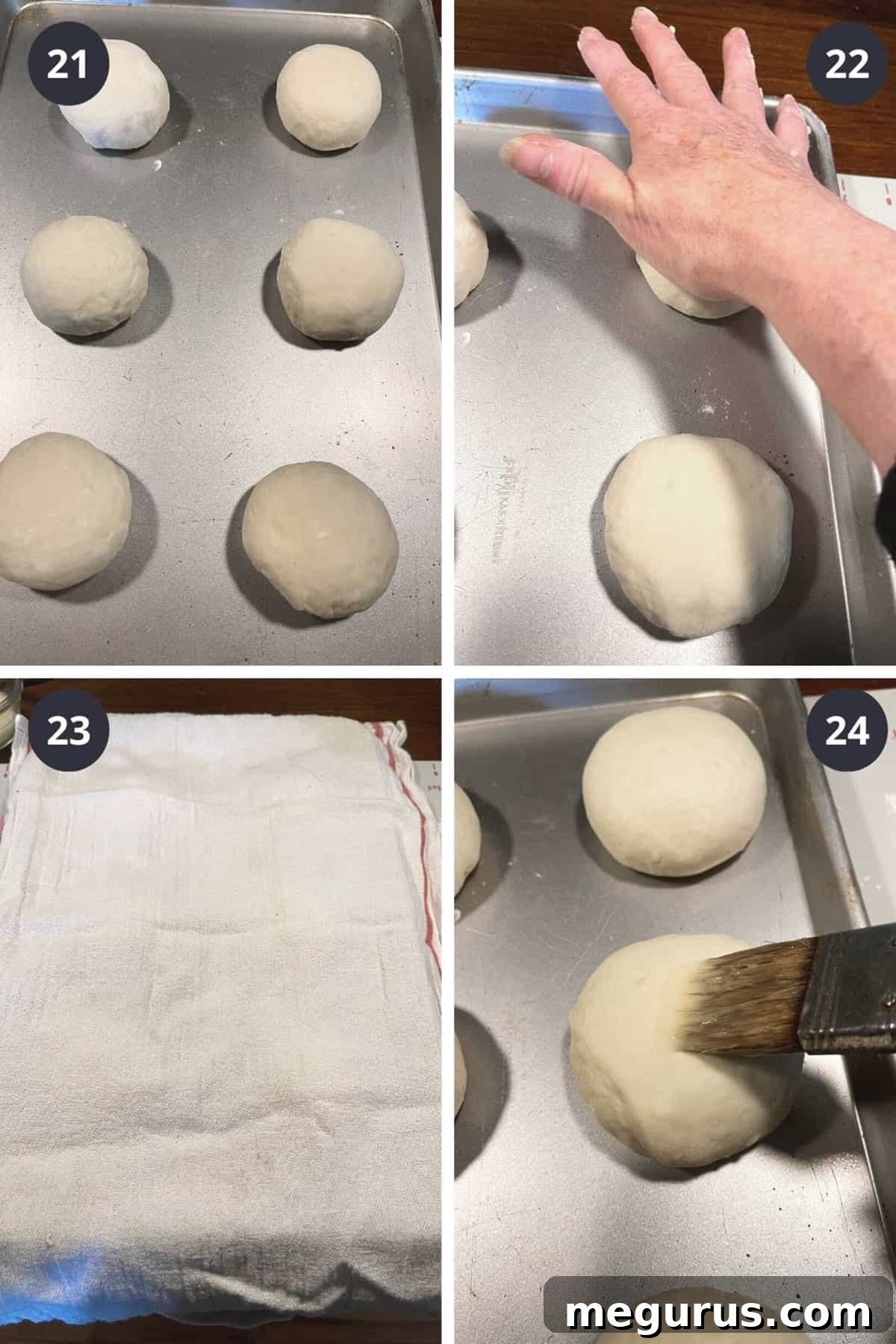 Photo collage showing shaped burger bun dough balls placed on a baking sheet, gently flattened, covered, and brushed with egg wash before baking.