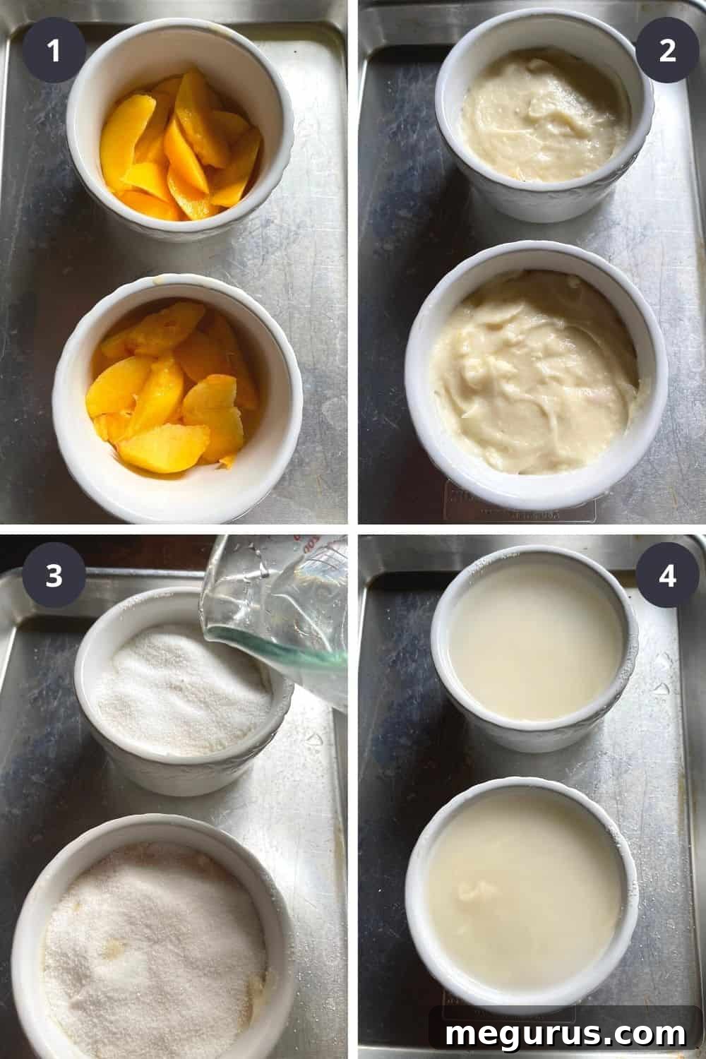 Photo collage showing four steps to assemble peach pudding cake: adding peaches, spreading batter, sprinkling sugar mixture, and pouring boiling water.