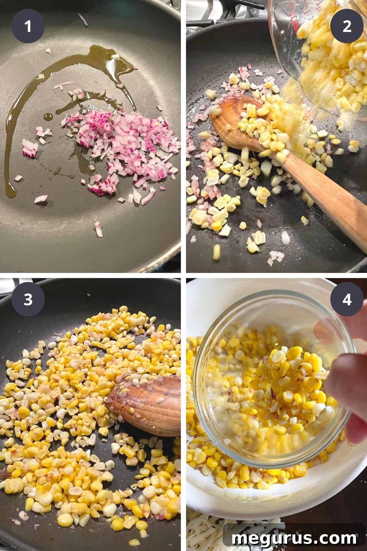 Photo collage showing first steps of making hot corn dip: sautéing onion, garlic, and corn in a skillet.