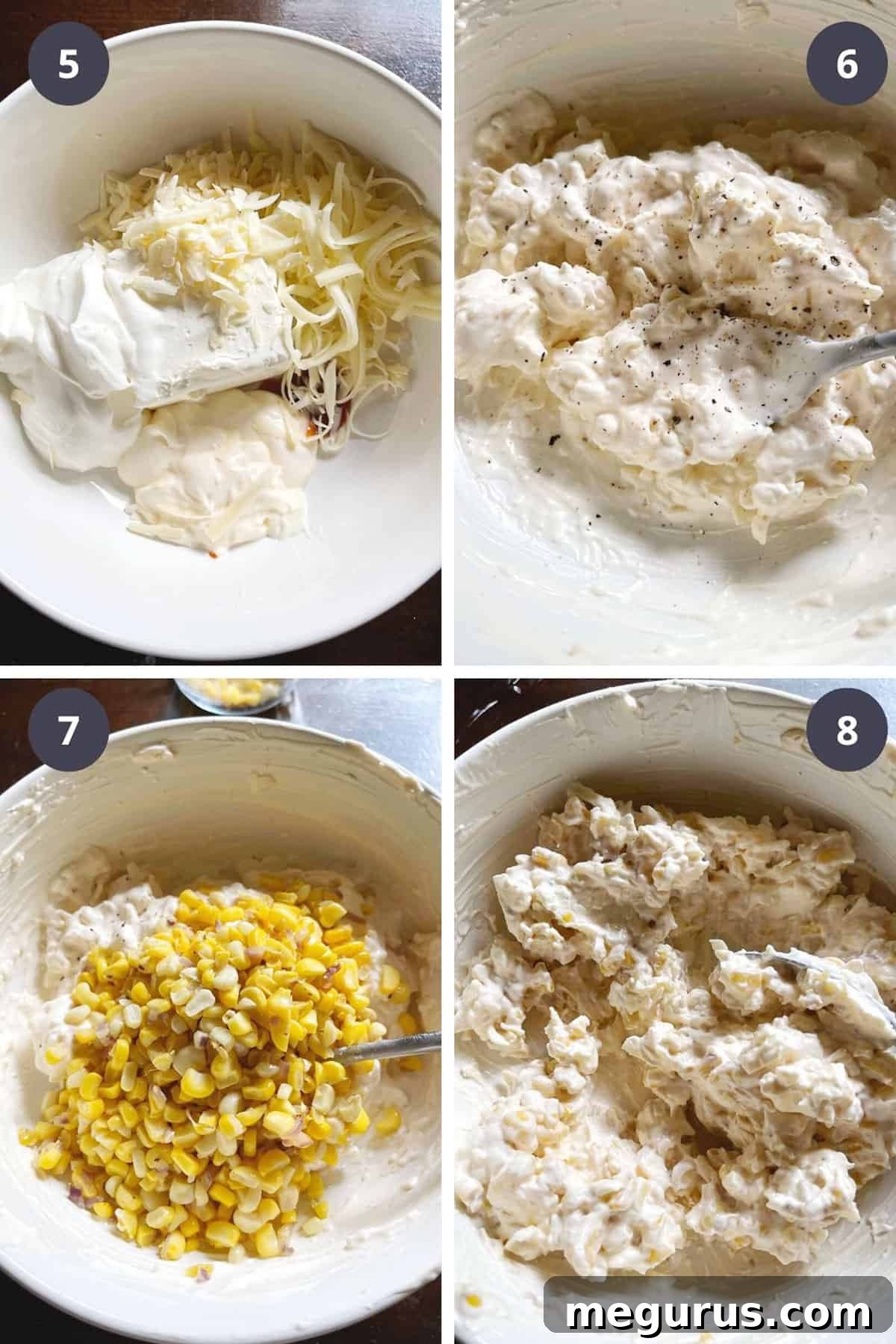 Photo collage showing second steps of making hot corn dip: mixing cream cheese, sour cream, mayonnaise, Sriracha, and shredded cheese, then folding in cooled corn.