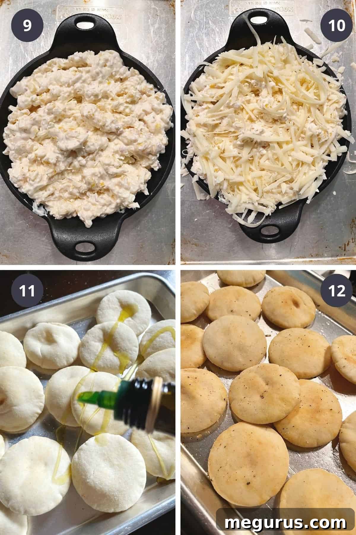 Photo collage showing final steps of making hot corn dip: spooning dip into an oven-safe dish, topping with cheese, and preparing mini pitas for baking.