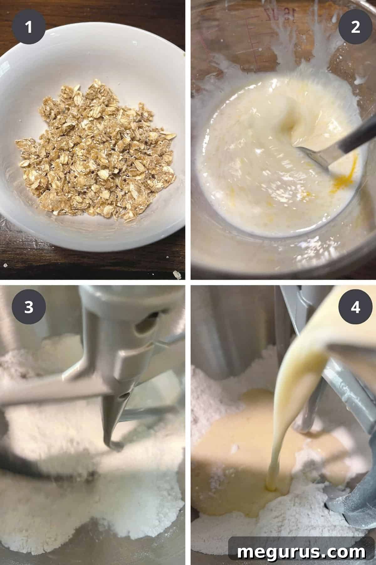 Photo collage showing the first steps of making peach crisp muffins: preparing the crumble topping and mixing wet and dry ingredients.