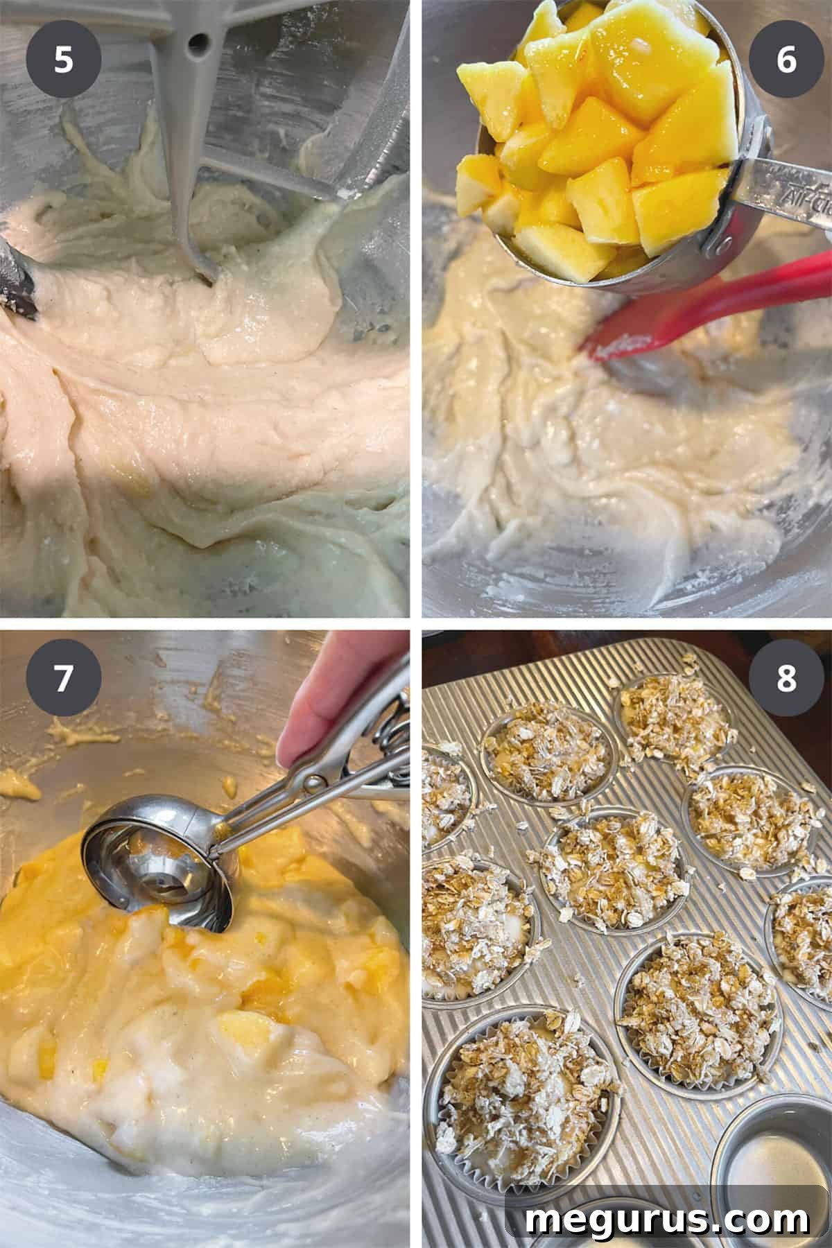 Photo collage showing the final steps of making peach crisp muffins: adding peaches, filling muffin cups, and topping with crumble.