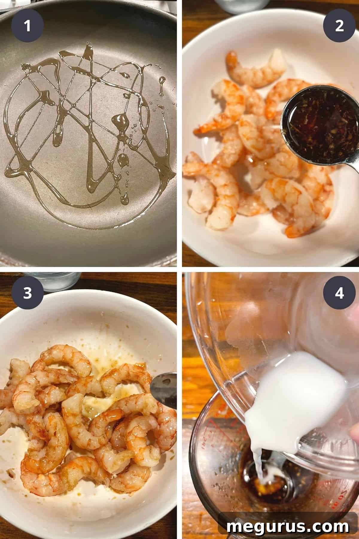 Photo collage showing the initial steps of making honey garlic shrimp: mixing marinade, coating shrimp, and preparing cornstarch slurry.