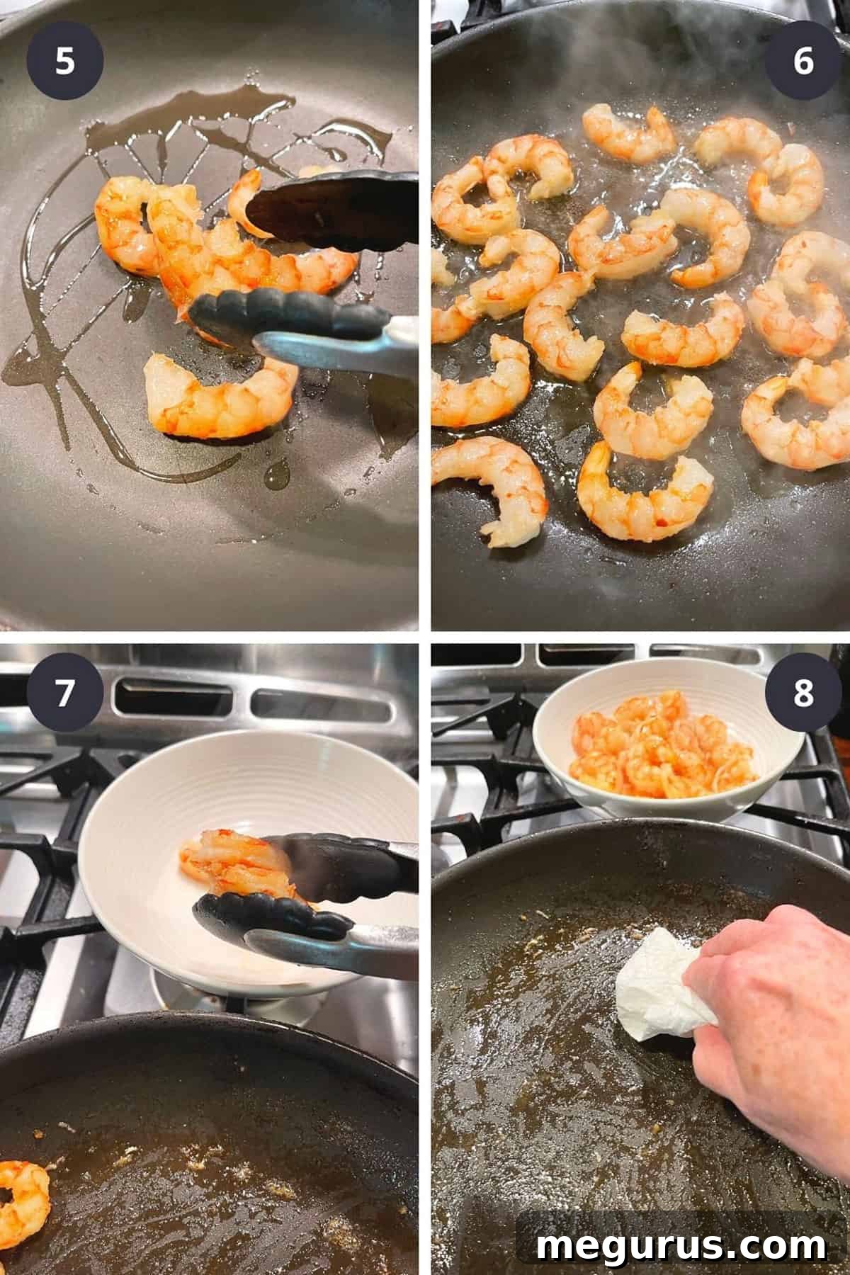 Photo collage depicting cooking the honey garlic shrimp: adding shrimp to a hot skillet, searing, and removing to a bowl.