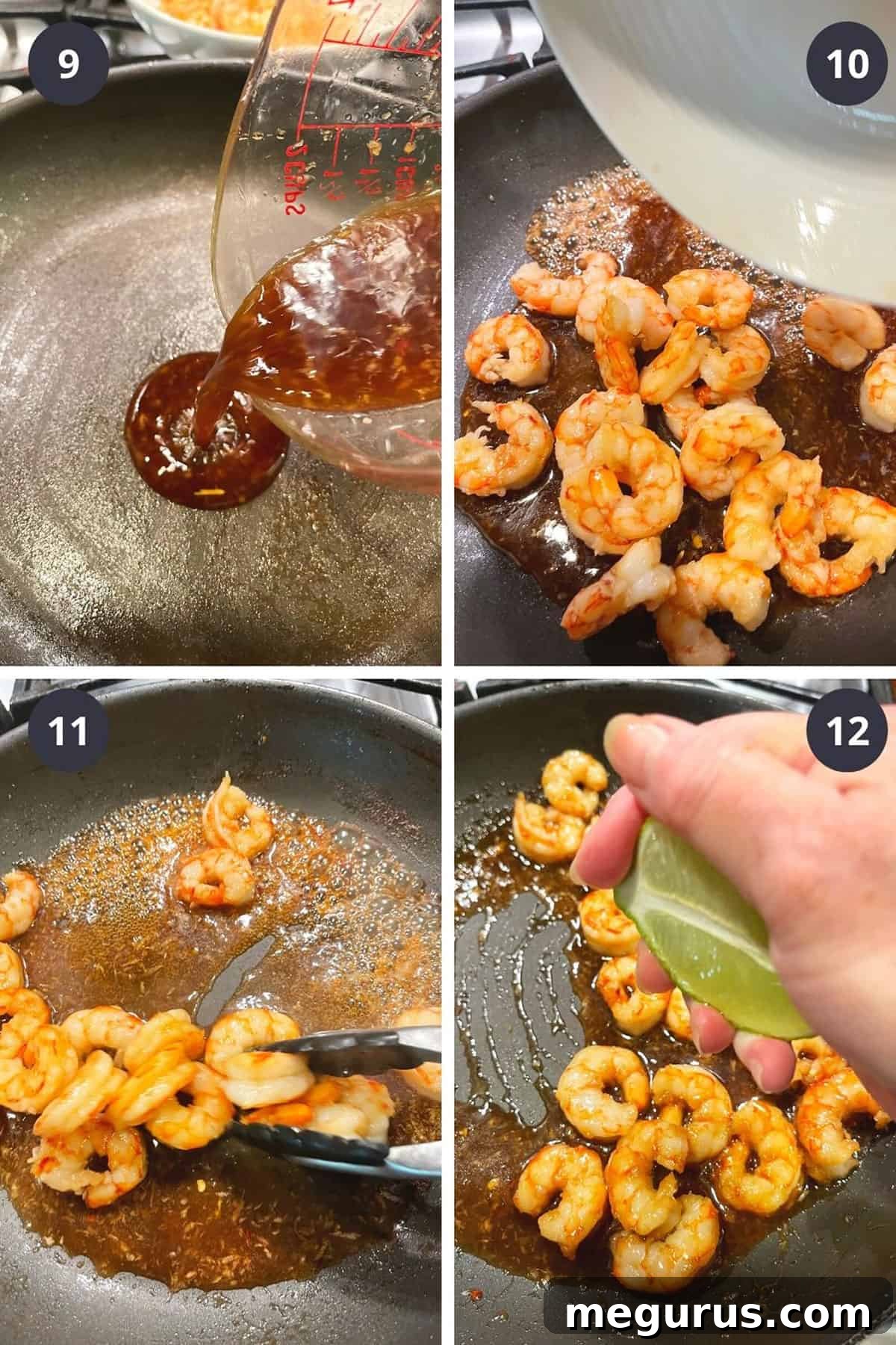 Photo collage illustrating the final steps of making honey garlic shrimp: adding reserved sauce, tossing shrimp in sauce, and finishing with lime juice.
