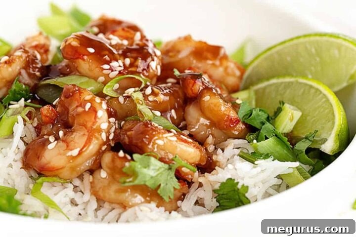 honey garlic shrimp in bowl with rice