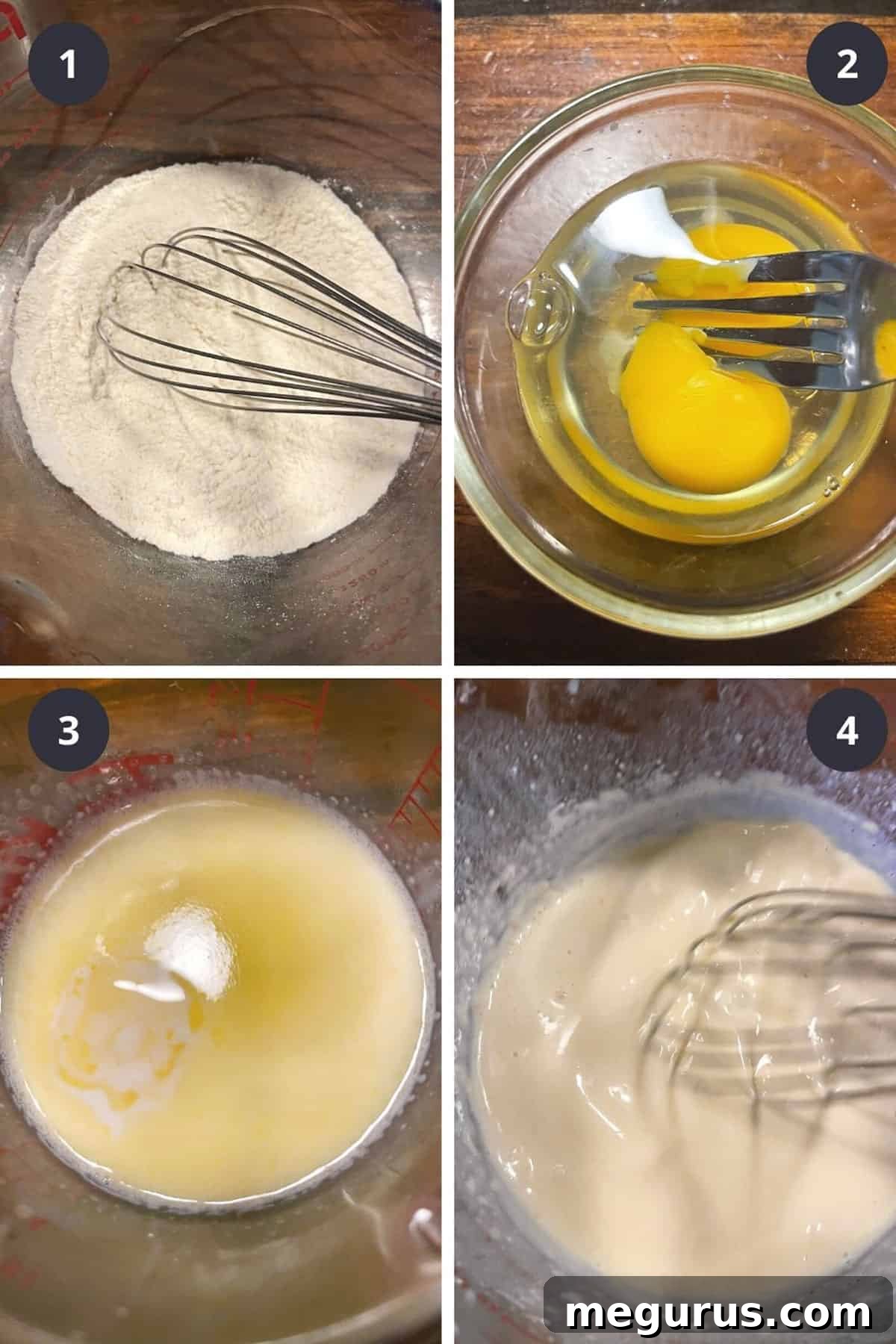 Collage of steps to make popovers, showing dry ingredients, wet ingredients, and batter