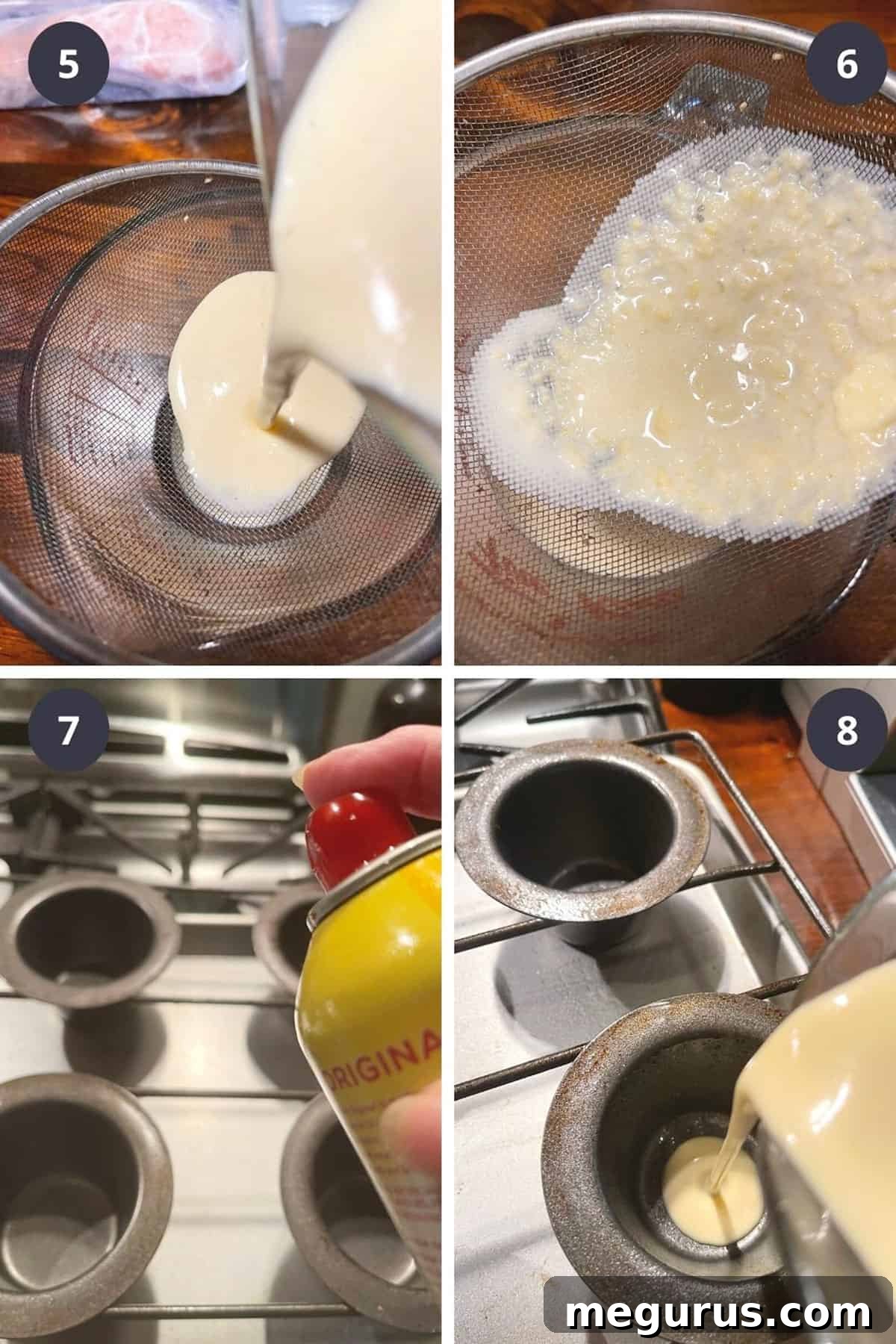 Collage of steps to make popovers, showing straining batter, filling pan, and baked popovers