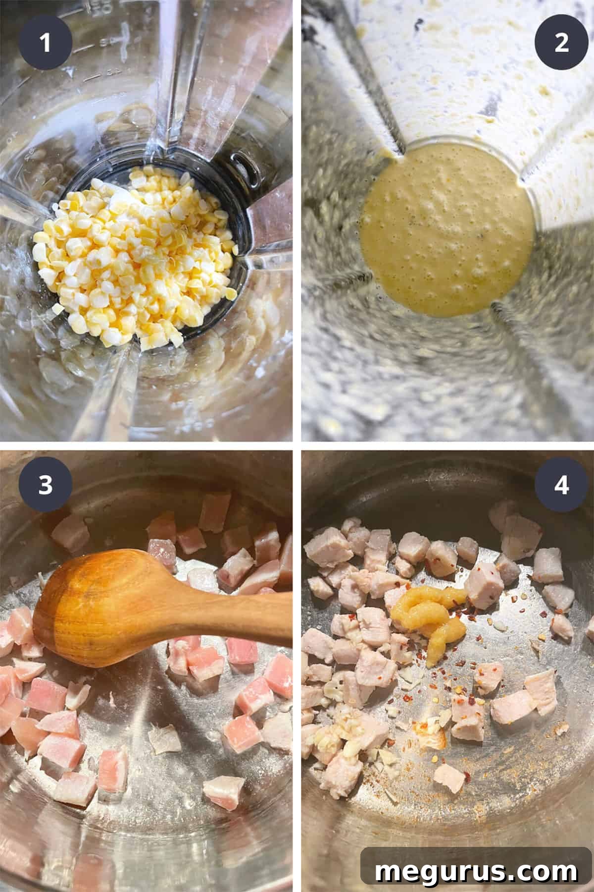 photo collage of initial steps to make Chicken Corn and Coconut Soup, including blending and cooking chicken