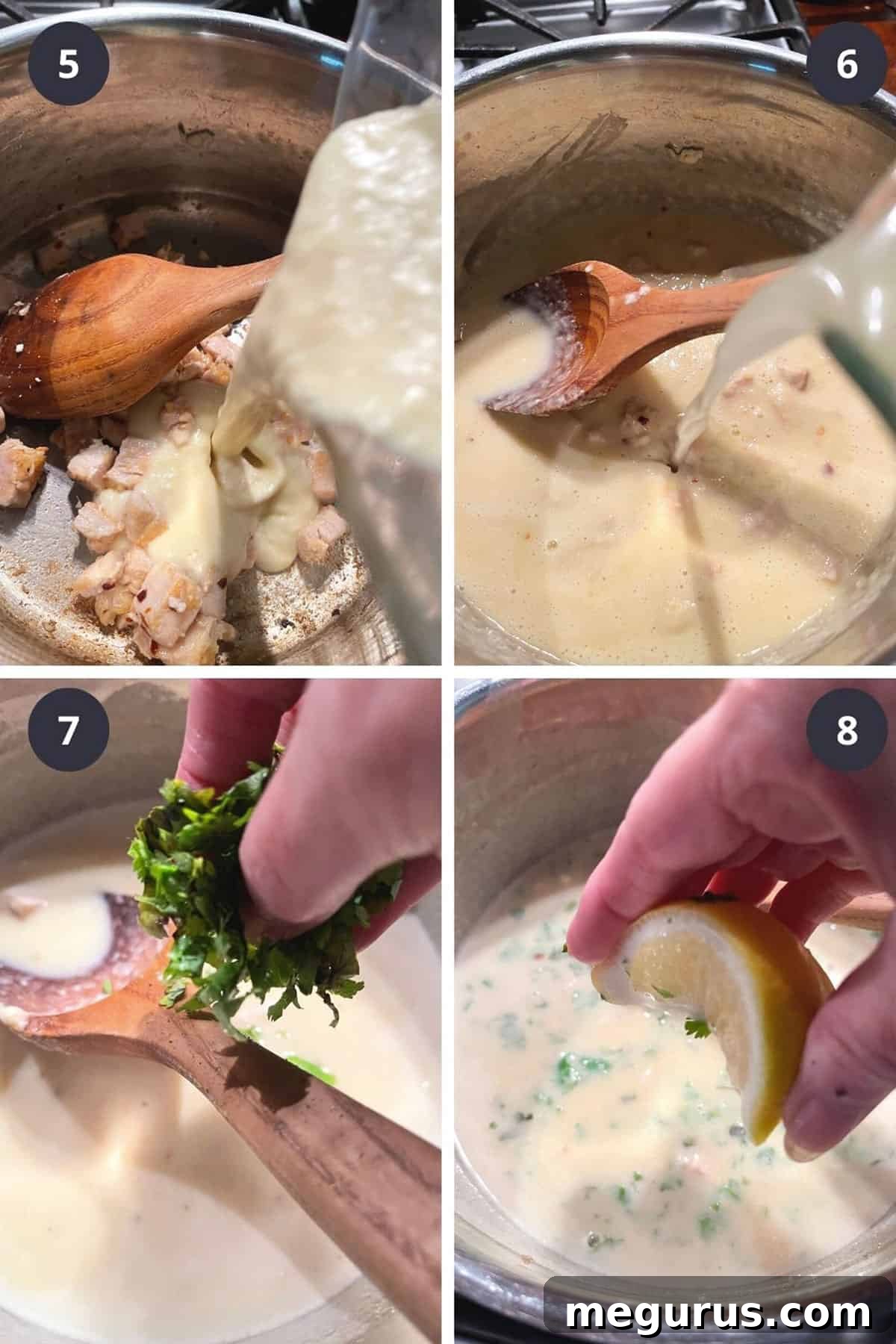 photo collage of mid-cooking steps for Chicken Corn and Coconut Soup, showing blended mixture added