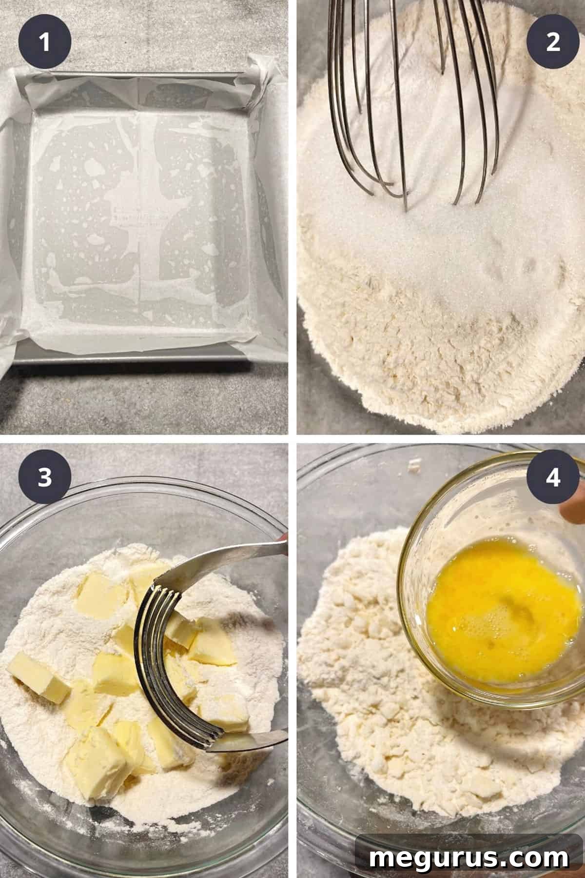 Collage showing the first steps of making apple streusel bars: mixing dry ingredients, cutting in butter, and adding egg.