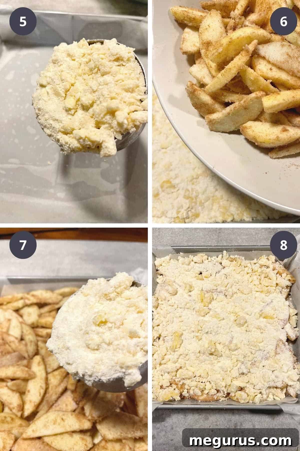Collage showing the later steps of making apple streusel bars: pressing crust, adding apple filling, and topping with streusel.