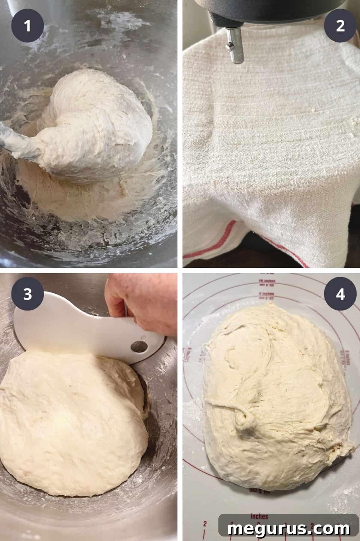 Photo collage showing the initial steps of mixing dough for sub rolls.