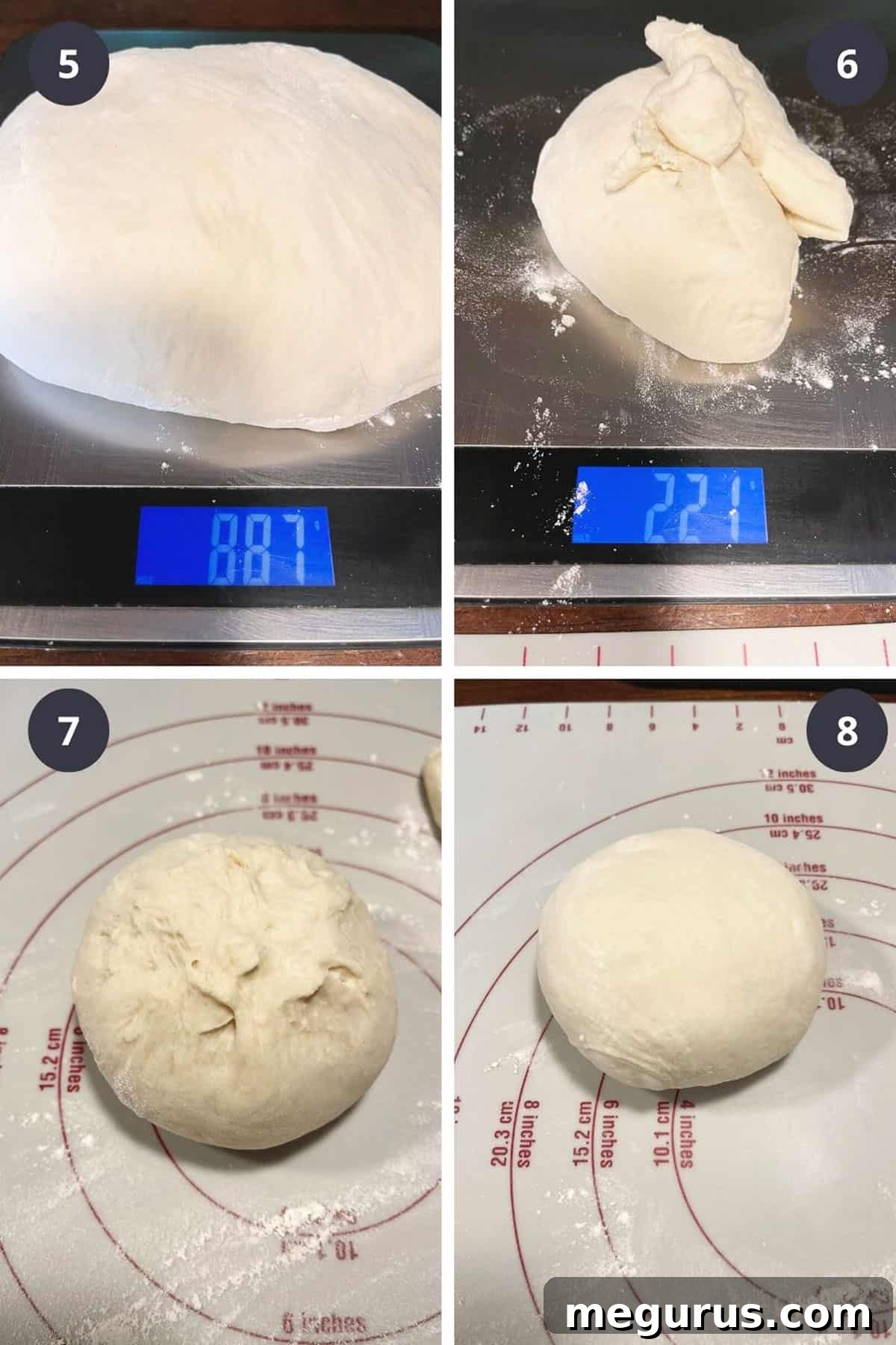 Photo collage demonstrating how to divide and shape sub roll dough into balls.