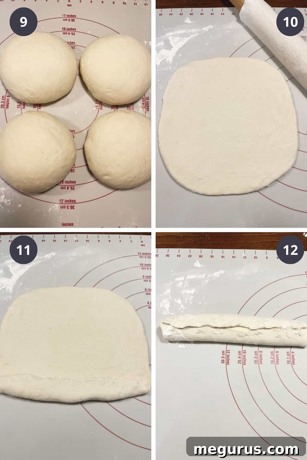 Photo collage showing how to roll and shape sub roll dough into logs.