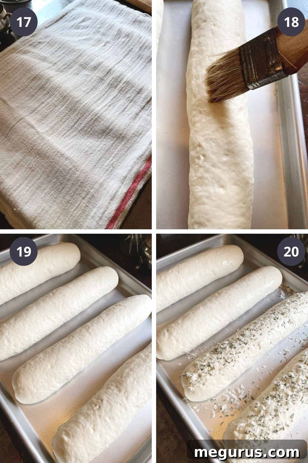Photo collage depicting risen sub rolls and the baking process.