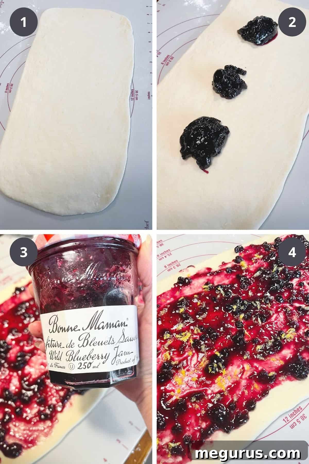 photo collage of steps to make blueberry swirl bread 1