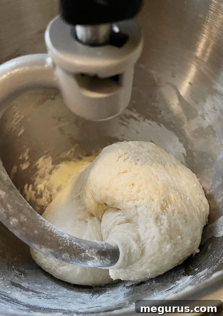 Dough after initial mixing, looking slightly sticky but cohesive around the hook